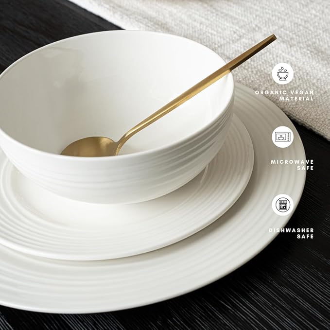 New Bone China 12 Piece Dinnerware Set Santorini Collection (Wave) White Daily Use China Embossed Tableware Service for 4