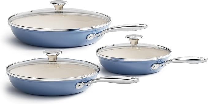 Redchef Nonstick Cookware Sets Ceramic Frying Pan Set with Tempered Glass Lids Non Stick Cooking Set Dishwasher &amp Oven Safe Induction Safe Compatible with All Cooktops Blue (8 9.5 11)