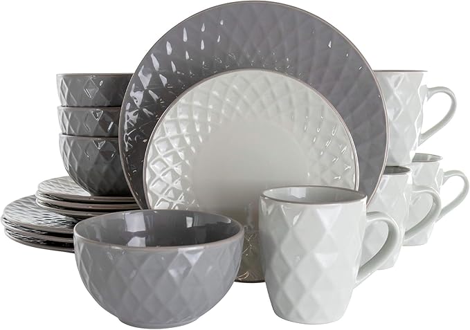 Luxurious 16 Piece Pearl Dinnerware Set - Stoneware Service for 4 Elegant Slate &amp Stone Finish Dishwasher &amp Microwave Safe Diamond Texture (Slate &amp Pearl)