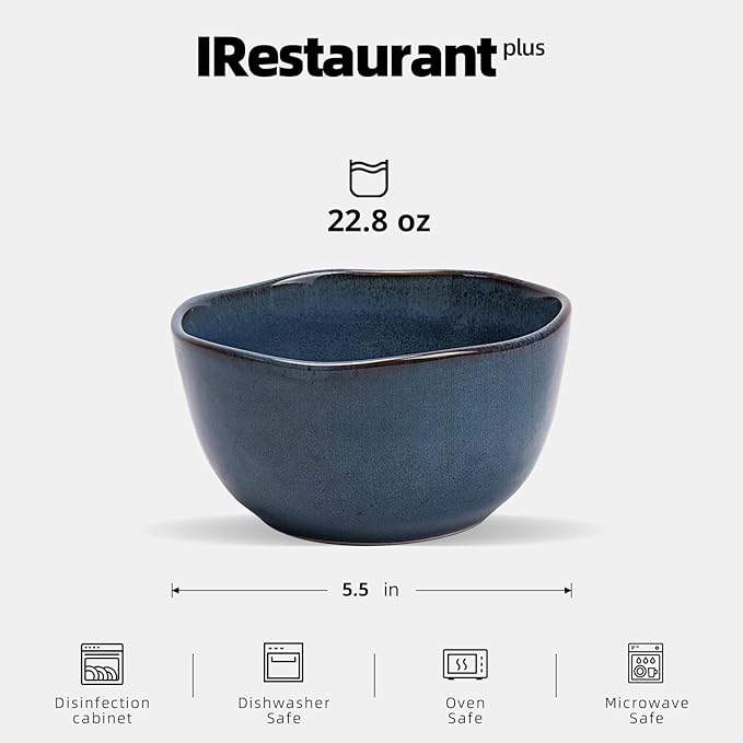 Organic Shape Highland Ceramic Cereal Bowl 24pcs 5.5 Inch Handmade Reactive Glaze Stoneware Rice bowl with Wavy Edge for Kitchen Microwave &amp Dishwasher Safe Scratch Resistant-Blue