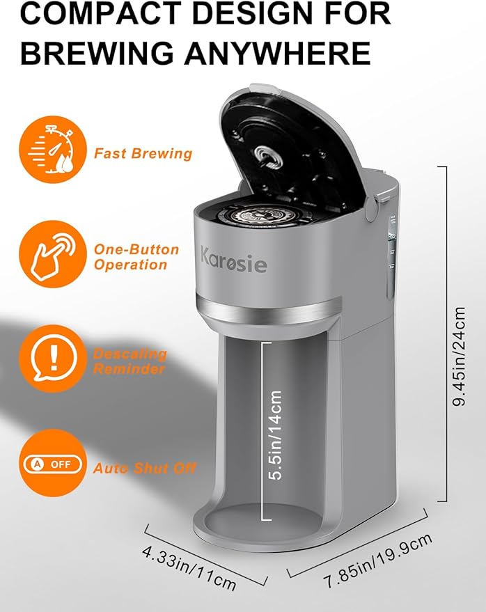 Single Serve Coffee Maker for K-Cup and Ground Coffee Fast Brew 6-12 oz Brew Sizes One Cup Coffee Machine Fits 5.5 Mugs One-Button Small Coffee Maker with Descaling ReminderGrey