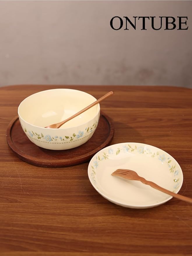 ONTUBE Ceramic Flower Dinnerware Set Two Plates with Large Soup Bowl Rural style household dining bowls and vegetable dishes for Cereal Salad Pasta Soup Dessert