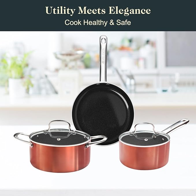 Pots and Pans Set Non Stick 7 Piece Ceramic Cookware Set Non Toxic Kitchen Induction Cookware Sets Pots and Pans Cooking Set with Oven Safe Handle 100% PFOA Free Copper