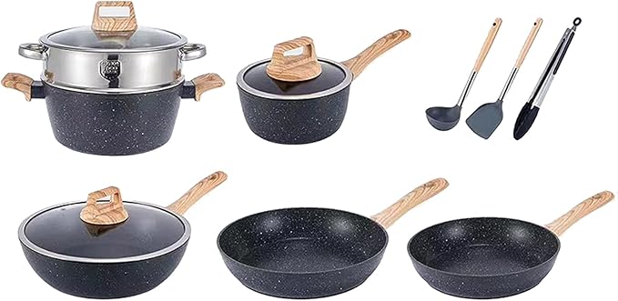 10 Piece Nonstick Cookware Set Frying Pan Saucepan Saute Pan Steam Rack Sturdy Scratch Resistant Coating Even Heat Distribution Modern Design for Home Cooks (Black)