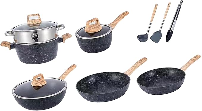 10 Piece Nonstick Cookware Set Frying Pan Saucepan Saute Pan Steam Rack Sturdy Scratch Resistant Coating Even Heat Distribution Modern Design for Home Cooks (Black)