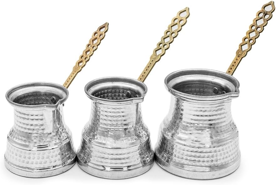 Aluminum Coffee Pot Set 3 Piece Metallic Finish Traditional Turkish Coffee Maker Set for Home Kitchen Camping Picnic - Metal One Size
