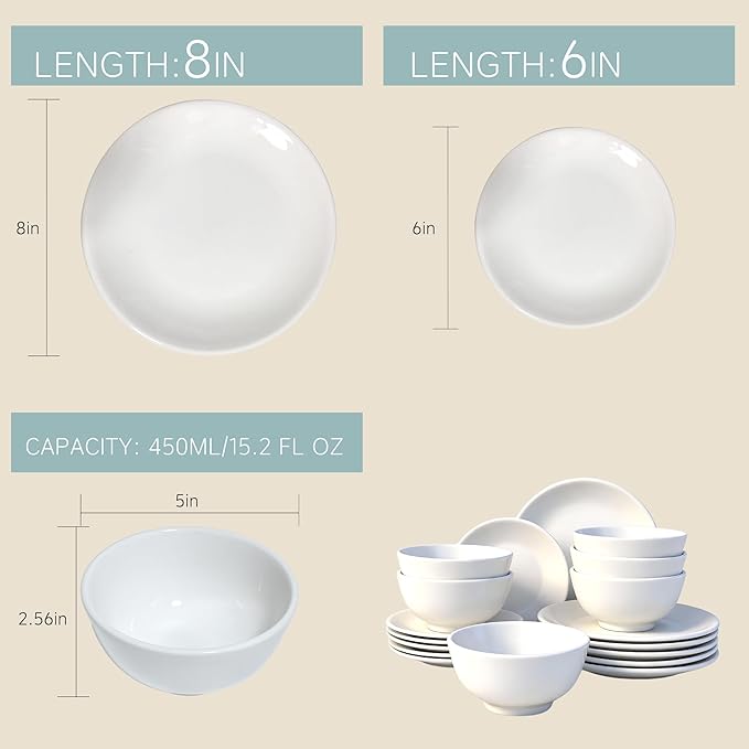 18-Piece White Porcelain Dinnerware Set Service for 6 Thickened Durable Plates &amp Bowls Microwave Dishwasher Oven Safe Lumina Porcelain Kitchen Essentials