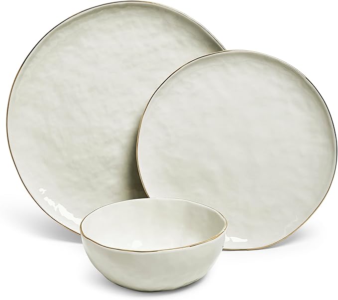 Sango 12-Piece Lightweight Porcelain Dinnerware Set for 4 Glossy Vanilla White Plates and Bowls Sets Gold Rims Farmhouse Ceramic Dish Set Rustic Dishes Microwave and Dishwasher Safe Gansevoort