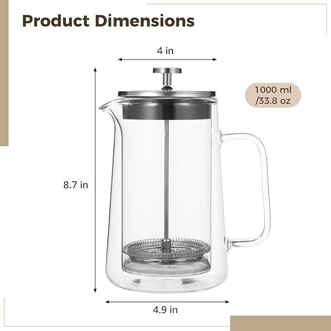 Press Tea and Coffee Maker 33.8 Oz/1000 Ml Double Wall Insulated Glass Pot Fine Mesh Filter with Heat-Resistant Handle
