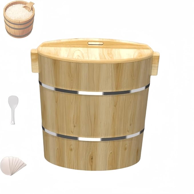 Wooden Rice Barrel Rice Steaming Barrel Rice Mixing Barrel Wooden Storage Barrel Rice Cooking Barrel with Lid for Home Restaurant(33 * 30 * 28cm)