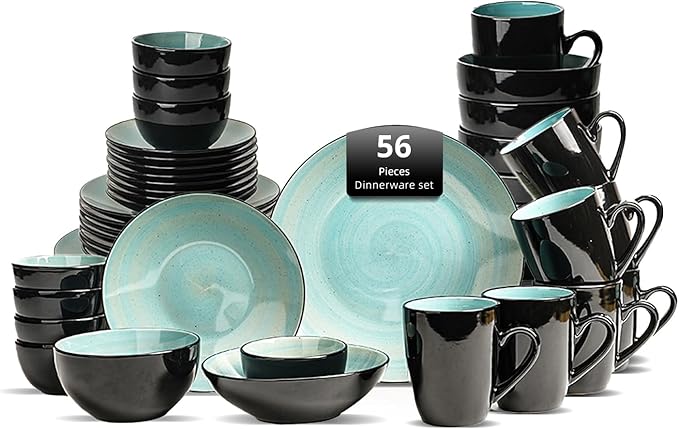 Stoneware Sonoma 56pc Dinnerware Set Black + Speckled Spin Wash Turquoise
