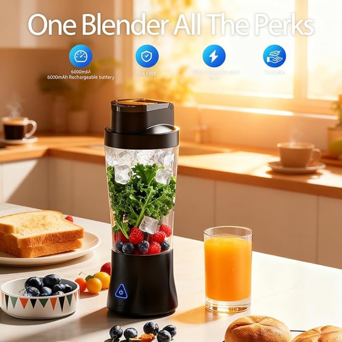 TorqueHome 3-in-1 Portable Blender Cup - 24oz Cordless Personal Blender USB-C Rechargeable Self-Cleaning Leakproof Tumbler with Lid for Making Smoothies Shakes Protein Drinks BPA Free (black)