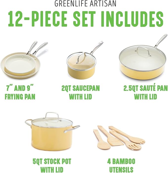 GreenLife Artisan Healthy Ceramic Nonstick 12 Piece Cookware Pots and Pans Set Stainless Steel Handle PFAS-Free Dishwasher Safe Oven Safe Yellow