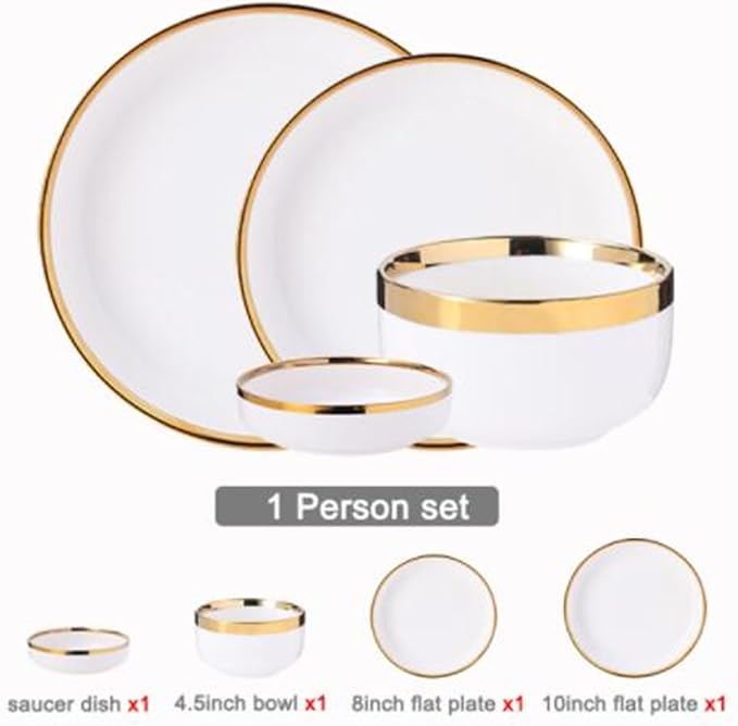 Dinner Sets Gold Bright White Porcelain Dinner Sets Ceramic Bowl Dish Plates Set Dinnerware for Household HotelBright B1 People Set