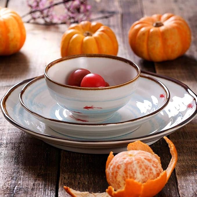 52 Pieces Ceramics Dinner Sets Fish Pattern Plates Bowls Combination for Family Party and Kitchen Restaurant