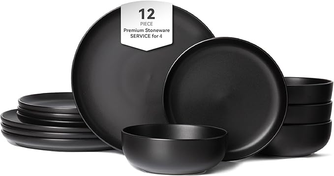 12-Piece Stoneware Dinnerware Set for 4 | Microwave &amp Dishwasher Safe | Non-Toxic Stackable Matte Glaze Plates and Bowls | Chip-Resistant Ceramic Dinner Set with Modern Design