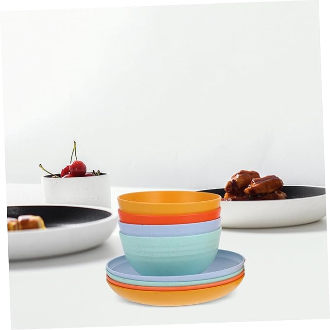 Alipis 12pcs Modern Wheat Straw Plastic Dinnerware Set Microwave Safe Plates Bowls Cups for Boys and Girls Toddlers Camping