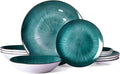 Bestone Porcelain Dinnerware Sets Service for 4 12 pcs Hand drawn Plates and Bowls Sets Handmade Ceramic Dish Set Chip Resistant Modern Plate Set Dishwasher/Microwave SafeStarburst Green