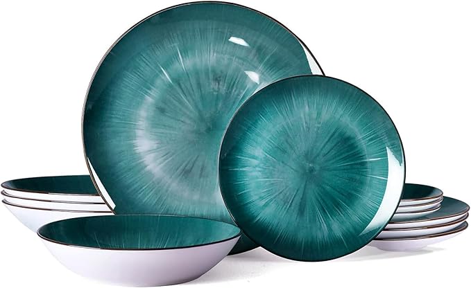 Bestone Porcelain Dinnerware Sets Service for 4 12 pcs Hand drawn Plates and Bowls Sets Handmade Ceramic Dish Set Chip Resistant Modern Plate Set Dishwasher/Microwave SafeStarburst Green