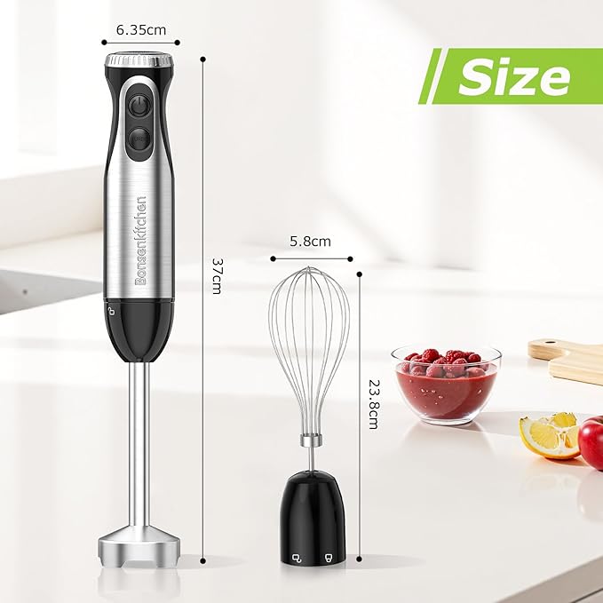 Bonsenkitchen Immersion Handheld Blender with Whisk 20-Speed &amp Turbo Mode Hand Blender Stick 500W 304 Stainless Steel Hand Blender for Soup Smoothie Puree Baby Food