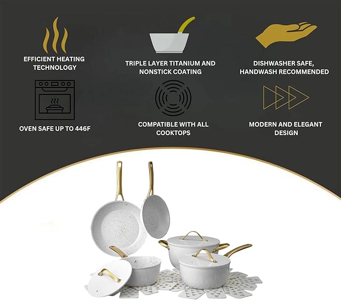12-Piece Nonstick Pots and Pans Set – Heavy-Duty Aluminum Titanium Nonstick Induction Compatible Oven Safe Cookware Set with Lids &amp Protectors – Premium Kitchen Set (White/Gold)