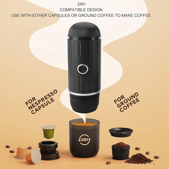 Portable Electric Espresso Machine Self-Heating Automatic Extraction 80ml Mini Coffee Maker for Camping/Travel/RV/Hiking/OfficeUSB-C &amp Car Charger(Black)(Black)