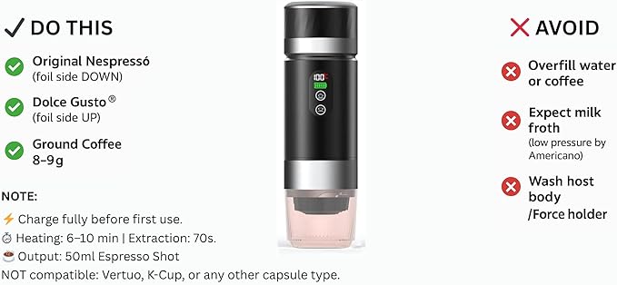 Portable Espresso Maker 20 Bar Pressure Small Coffee Machine Rechargeable Battery Operated Mini Coffee Maker for Pods or Grounds Includes Car Charger for Hot &amp Iced Coffee (Silver)