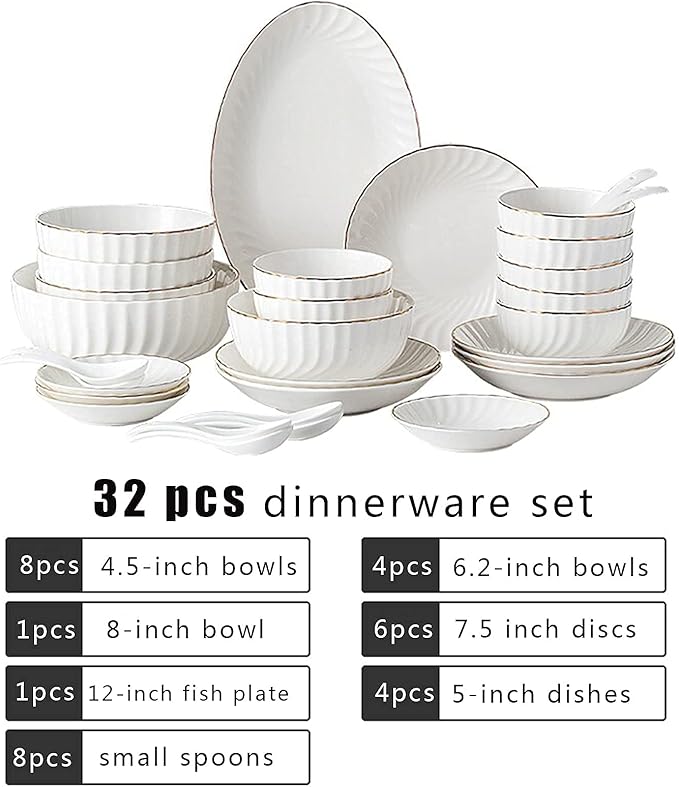 32-Piece White Dinnerware SetsModern European Dinner Plate and Bowl SetTable Service for 6-8Phnom Penh High-End Tableware Set Microwave SafeDessert/Soup/Sal