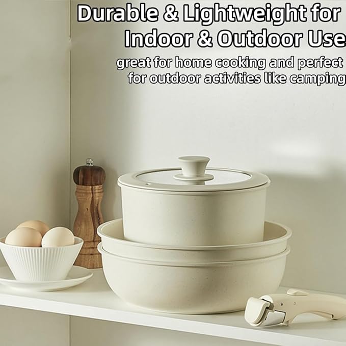 Cookware Set 5/11 Piece Utensils Cookware Set Removable Handle Pots and Pans Set Easily Clean Compatible With All Stovetops for Kitchen (Cream5 PCS)