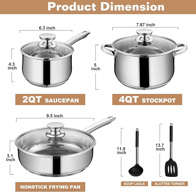Walchoice 8-Piece Stainless Steel Cookware Set Kitchen Pots and Pans Set with Glass Lid for Cooking Kitchen Cookware Set with Utensils Induction &amp Dishwasher Safe Silver
