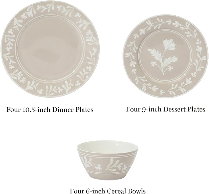 Martha Stewart Maiden Crown 12-Piece Taupe Dinnerware Set – New Bone China Ceramic Plates &amp Bowls – Floral Design – Service for 4 – Dishwasher &amp Microwave Safe