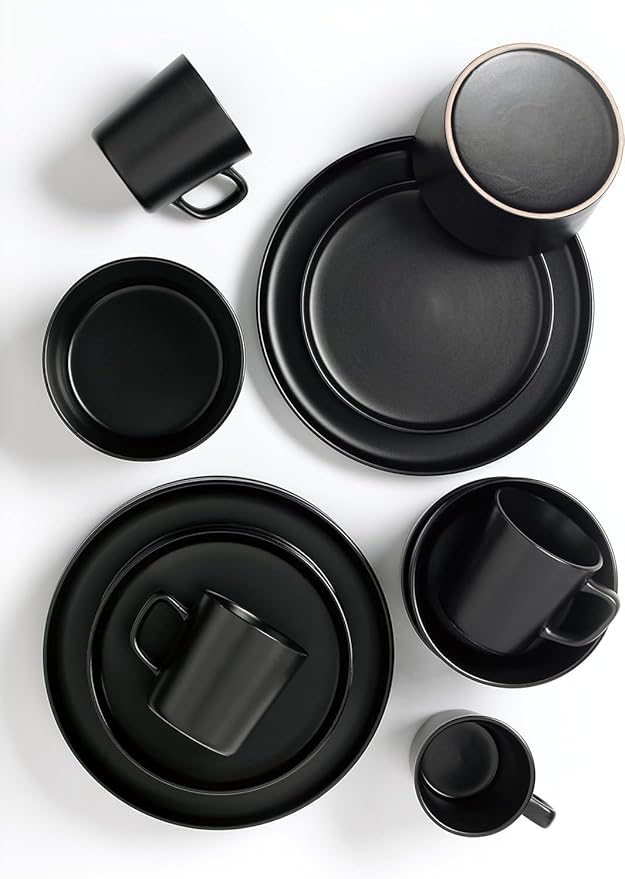 16 Piece Stoneware Dinnerware Set – Modern Matte Finish Plates and Bowls Microwave &amp Dishwasher Safe Service for 4 (Black)