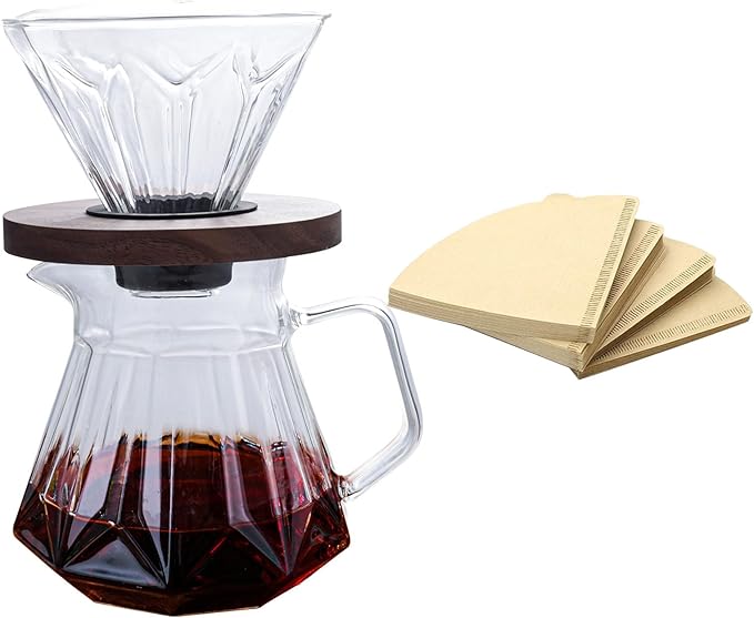 Pour Over Coffee Maker Set 21 oz/620ml Glass Pour Over Coffee Dripper Filter Coffee Maker Kit Manual Grinder with Walnut Handle for Home Office Cafe Restaurant Camping (Clear)