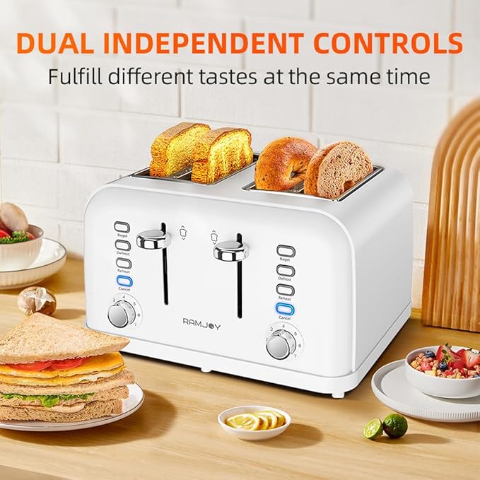 White Toaster 4 Slice Dual Independent Controls Extra Wide Slot Toasters for Bagel Bread Waffles 7 Shade Settings 4 Main Functions Removable Crumb Tray 1500 Watts White Stainless Steel