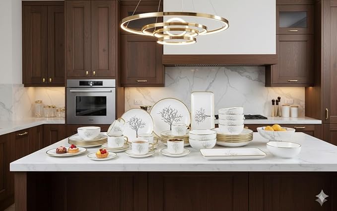 Premium Porcelain Dinnerware Set - 32 Pieces Set with Gold Rim Plates Bowls and Cups – Service for 6 (Leaf)