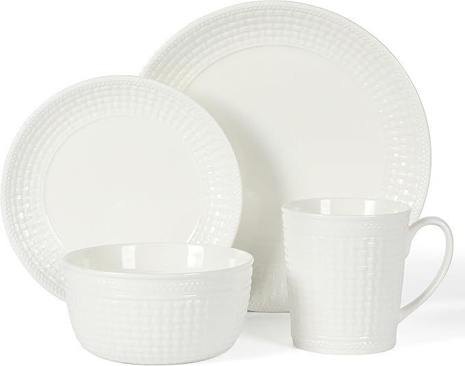Martha Stewart 16 Piece Basket Weave New Bone China Embossed Porcelain Chip and Scratch Resistant Dinnerware Set