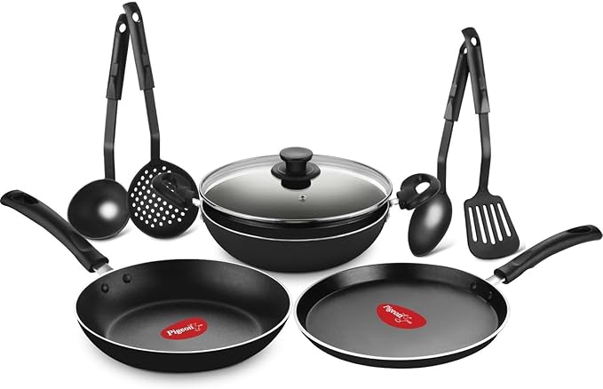 Pigeon Mio Nonstick Aluminium Cookware Gift Set 8 Pieces (Black Red) Includes Fry Pan Tawa Kitchen Tool Set Kadai with Glass Lid