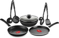 Pigeon Mio Nonstick Aluminium Cookware Gift Set 8 Pieces (Black Red) Includes Fry Pan Tawa Kitchen Tool Set Kadai with Glass Lid