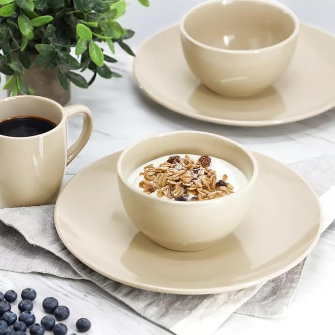 12 Piece Stoneware Dinnerware Set – Round Plates Bowls &amp Mugs for 4 Dishwasher &amp Microwave Safe Modern Matte Finish (Cream)
