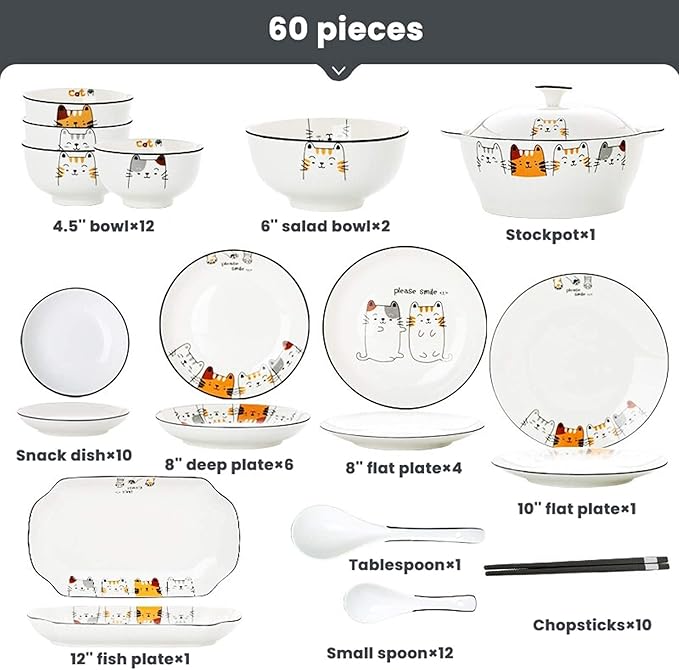 New Dinnerware SetsCeramics Dinner Sets 60 Pieces Cartoon Cat Porcelain Dinnerware Set | Gift Box Cereal Bowl Steak Plate and Soup Bowl for Family Gathering