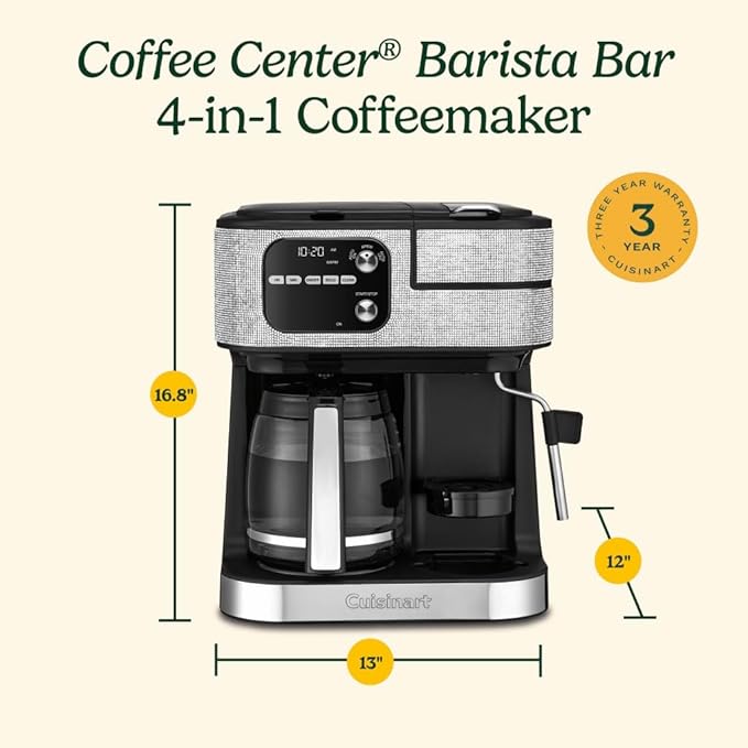 Cuisinart Coffeemaker Coffee Center Barista Bar 4-In-1 Coffee Machine Single-Serve Coffee Espresso &amp Nespresso Capsule Compatible 12-Cup Carafe Silver Crystal SS-4N1SC