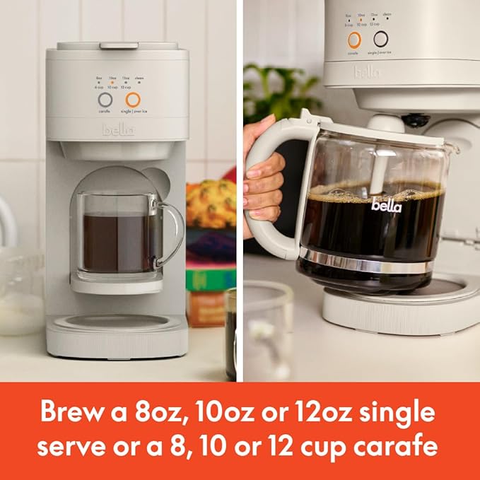 BELLA VersaBrew 2-in1 Coffee Maker K-Cup compatible Brew 3 Sizes Carafes &amp Single Serve Cups Dishwasher Safe Reusable Filter &amp Filter Holder Iced Coffee Function 60oz Tank Oatmilk