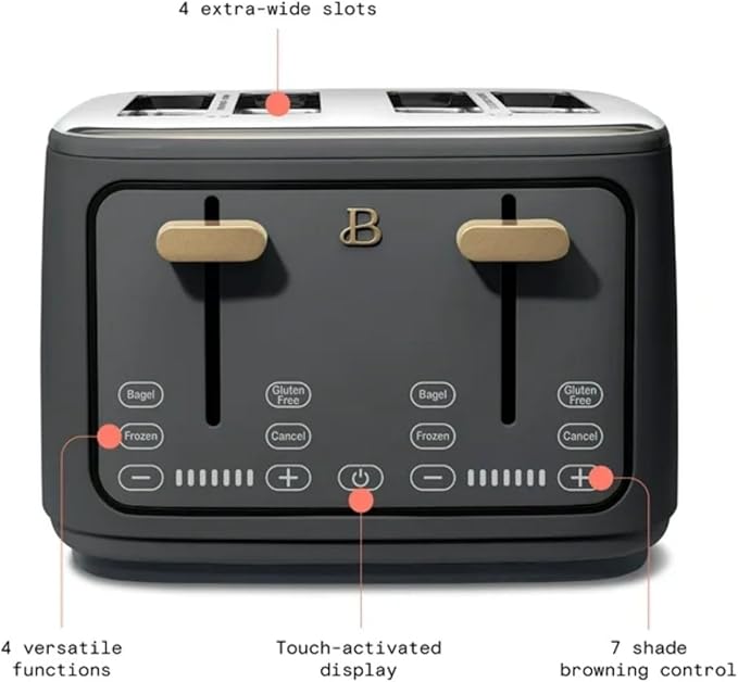 Four-slot Digital Touch Display Toaster with LED Countdown Extra Wide Self-Adjusting Slots Powerful Even Toasting (Oyster Gray)