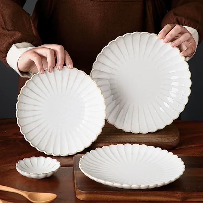 DOMINI 12-Piece Sunflower shape Ceramic Kitchen Dinnerware Set Service for 4 Porcelain Dishes Dinner Set with Dinner Plates Dessert Plates and Pasta BowlsRound-White Sunflower shape