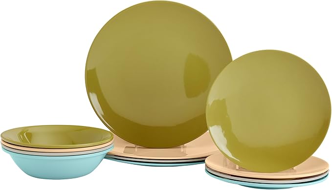 Tabletops Gallery 12 Piece Blue Green Coral Melamine Dinnerware Set Plates Bowls for Indoor Outdoor Use Service for 4 Enchanted