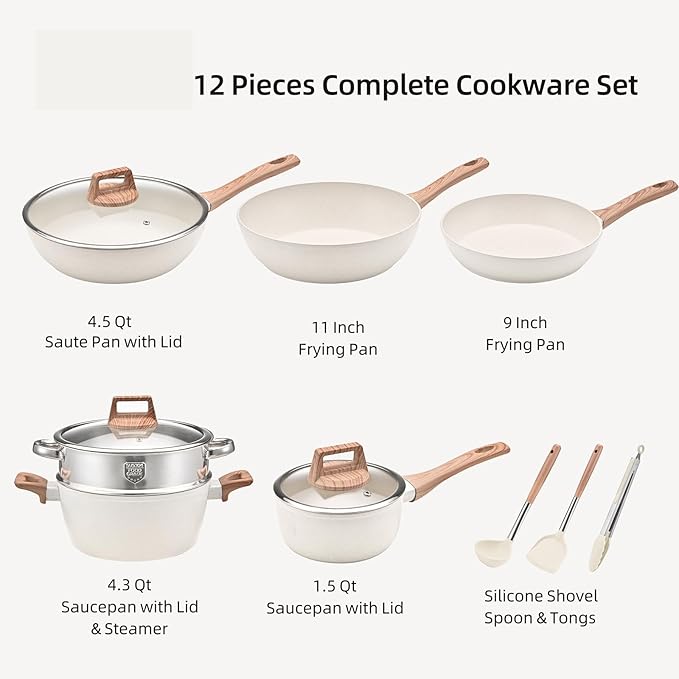 12 Pcs Kitchen Cookware Set Nonstick Dishwasher Safe with Detachable Handle Pots and Pans Set with Lids Granite Induction Cookware Non Stick Cooking Set OvenWhite-Variety Pack