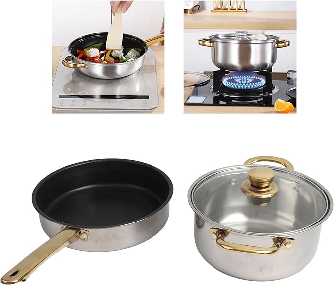 Stainless Steel Pots Pans Set Ergonomic Golden Handle Multifunctional Cookware Set Cooking Pots Glass Lids Kitchen