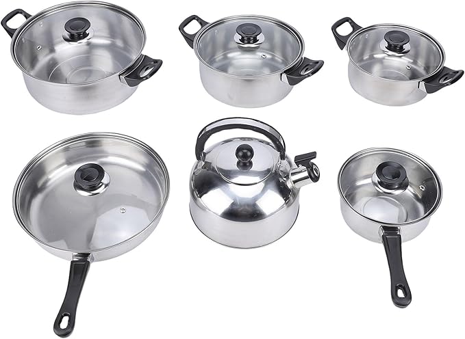 Diydeg Cookware Set Versatile Kitchen Pot Set with Frying Pan Tea Kettle Glass Lids and Anti Slip Handle 103oz Stainless Steel Cookware Set for Cooking Frying Boiling Stewing