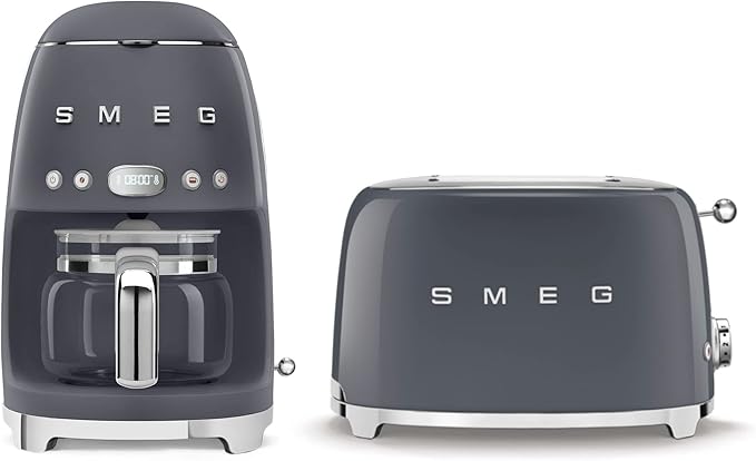 Smeg Retro Drip Coffee Machine and 2-Slice Toaster Bundle (Gray)