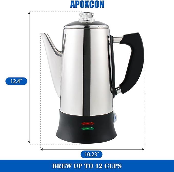 Electric Coffee Percolator Stainless Steel Coffee Maker with Heat Resistant Tough Glass Clear Brew Progress Knob Keep Warm &amp Cordless Serving Classic Coffee Pot with On/OFF Switch 12 Cup